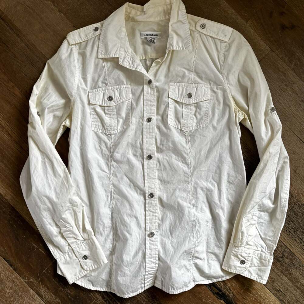 Calvin Klein White Cotton Utility Roll-Tab Sleeve Shirt Size M